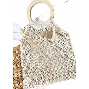 NEW CE CE CO wooden beans & handle knit bag in ivory